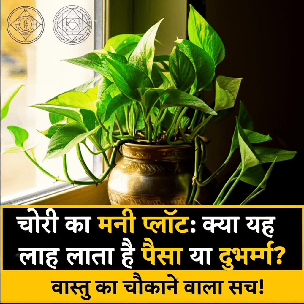 Money plant: Wealth or woe? Vastu's truth. alt_text: Healthy money plant in brass pot, window light, duality in background, vastu symbols. मनी प्लांट चोरी का मनी प्लांट मनी प्लांट वास्तु मनी प्लांट दुर्भाग्य वास्तु का सच