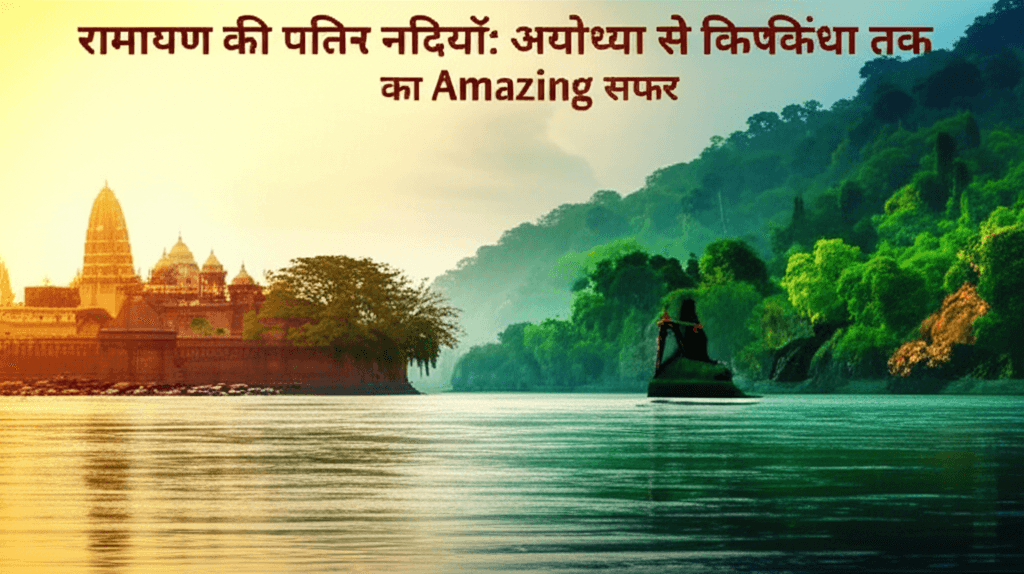 River journey: Ayodhya to Kishkindha. Focus keywords: रामायण की नदियाँ अयोध्या से किष्किंधा सरयू वेदश्रुति गोमती गंगा यमुना प्रयाग मंदाकिनी नदी